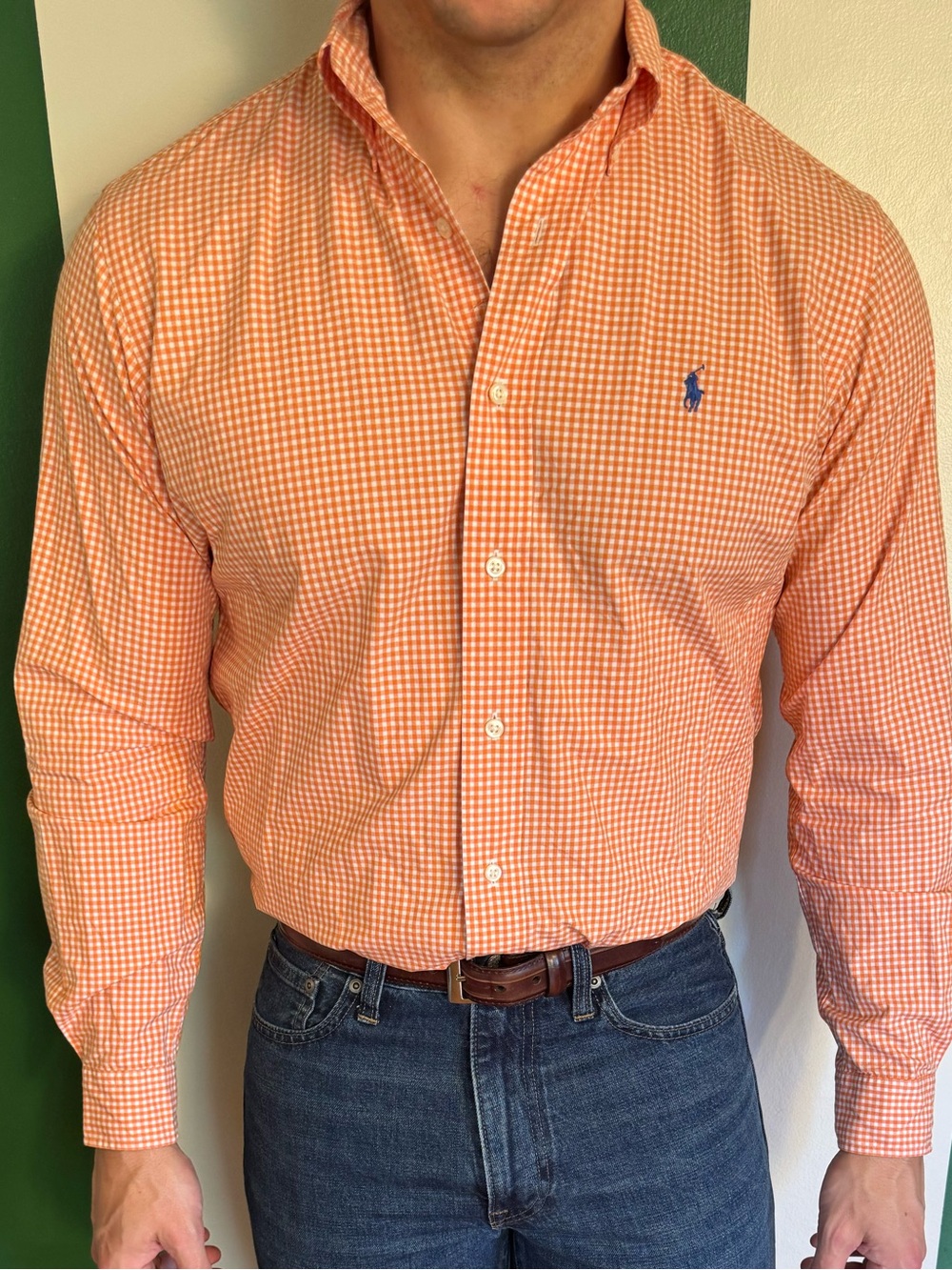 Ralph Lauren Men’s Orange and White Gingham Classic Fit Button-Down